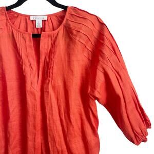 Nordstrom Signature Linen Top Women M Orange 3/4 Sleeve Pintuck Tunic Blouse XS